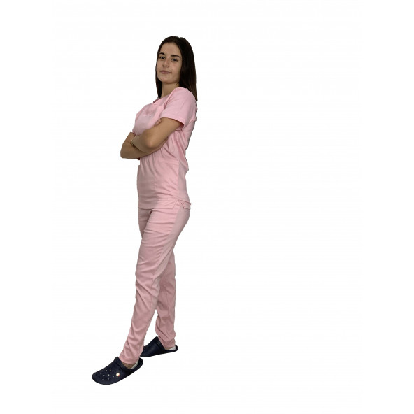 UNISEX  LİKRALI PEMBE SCRUBS TAKIM - 3