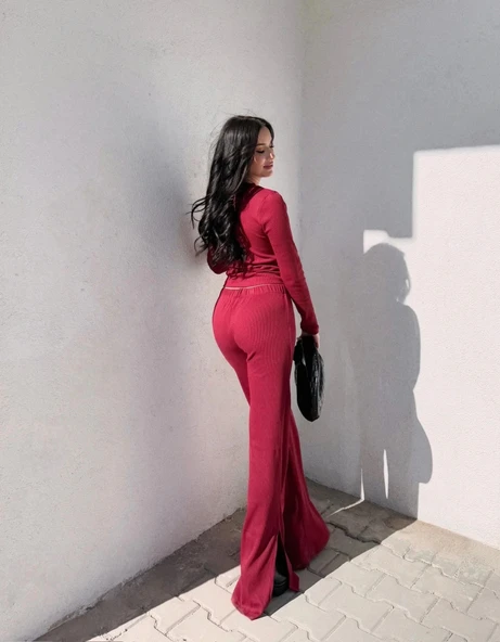 Pencereli detaylı alt üst takım bordo w3864 - Resim 4