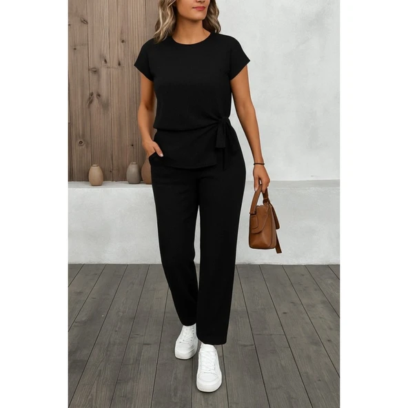 Lucky Life Kadın Kısa Kollu Bisiklet Yaka Yandan Bağlamalı Bürümcük Bluz Ve Pantolon Ikili Takım