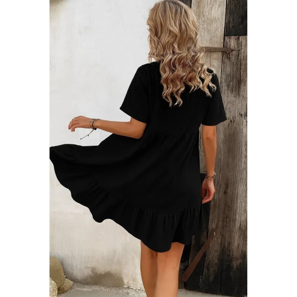 Lucky Life Kadın Kısa Kollu Yakası Bağcıklı önden Düğmeli Fırfır Desenli Süprem Elbise - 3