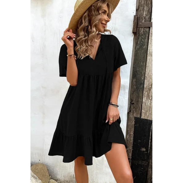 Lucky Life Kadın Kısa Kollu Yakası Bağcıklı önden Düğmeli Fırfır Desenli Süprem Elbise - 5