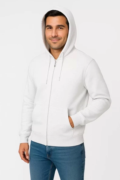 Erkek Üç İplik Kapüşonlu Tam Fermuarlı Kanguru Çepli SweatShirt Hoodie - Beyaz ürün görseli 1