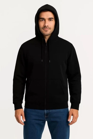 Erkek Üç İplik Kapüşonlu Tam Fermuarlı Kanguru Çepli SweatShirt Hoodie - Siyah - Resim 5