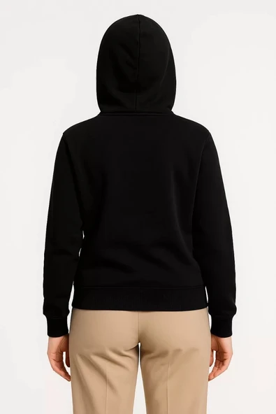 Kadın Üç İplik Kapüşonlu Tam Fermuarlı Kanguru Çepli SweatShirt Hoodie - Siyah - Resim 3