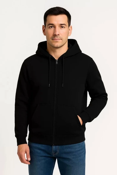 Erkek Üç İplik Kapüşonlu Tam Fermuarlı Kanguru Çepli SweatShirt Hoodie - Siyah ürün görseli 1
