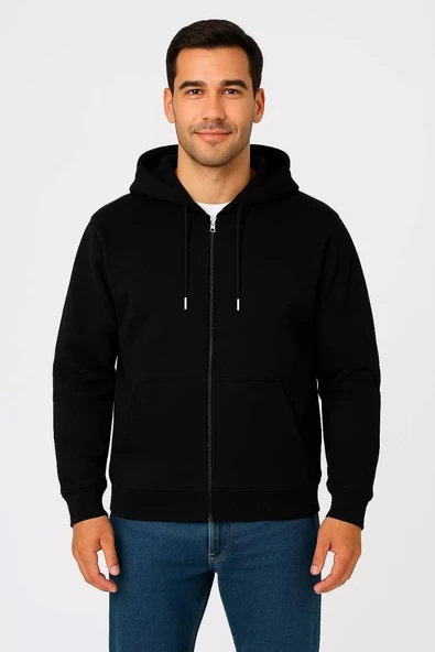Erkek Üç İplik Kapüşonlu Tam Fermuarlı Kanguru Çepli SweatShirt Hoodie - Siyah - Resim 4