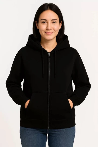 Kadın Üç İplik Kapüşonlu Tam Fermuarlı Kanguru Çepli SweatShirt Hoodie - Siyah - Resim 6