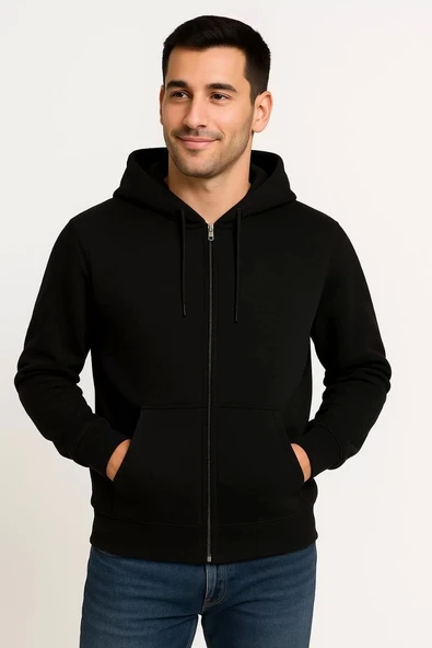Erkek Üç İplik Kapüşonlu Tam Fermuarlı Kanguru Çepli SweatShirt Hoodie - Siyah - Resim 2