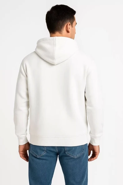 Erkek Üç İplik Kapüşonlu Tam Fermuarlı Kanguru Çepli SweatShirt Hoodie - Beyaz - Resim 2