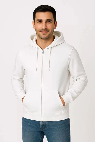 Erkek Üç İplik Kapüşonlu Tam Fermuarlı Kanguru Çepli SweatShirt Hoodie - Beyaz - Resim 5
