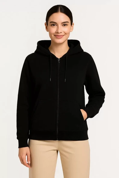 Kadın Üç İplik Kapüşonlu Tam Fermuarlı Kanguru Çepli SweatShirt Hoodie - Siyah - Resim 7