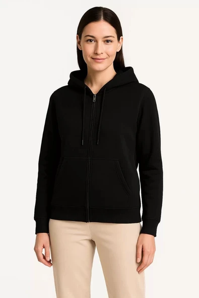 Kadın Üç İplik Kapüşonlu Tam Fermuarlı Kanguru Çepli SweatShirt Hoodie - Siyah - Resim 5