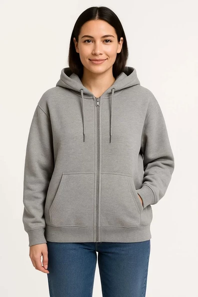 Kadın Üç İplik Kapüşonlu Tam Fermuarlı Kanguru Çepli SweatShirt Hoodie - Gri ürün görseli 1
