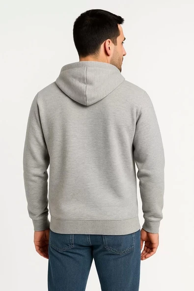 Erkek Üç İplik Kapüşonlu Tam Fermuarlı Kanguru Çepli SweatShirt Hoodie - Gri - Resim 2