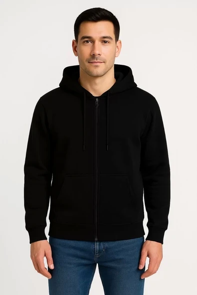 Erkek Üç İplik Kapüşonlu Tam Fermuarlı Kanguru Çepli SweatShirt Hoodie - Siyah - Resim 6