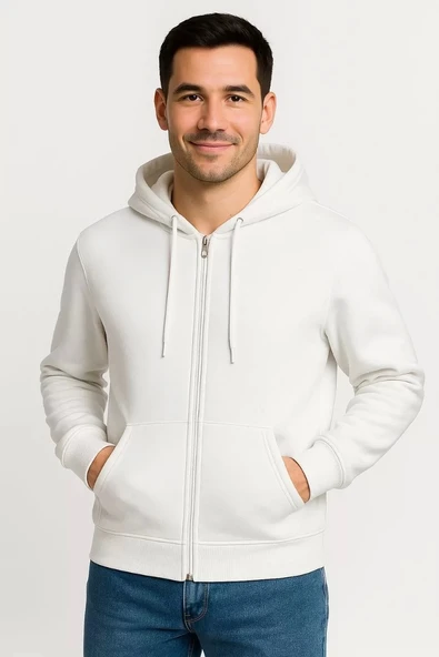 Erkek Üç İplik Kapüşonlu Tam Fermuarlı Kanguru Çepli SweatShirt Hoodie - Beyaz - Resim 6