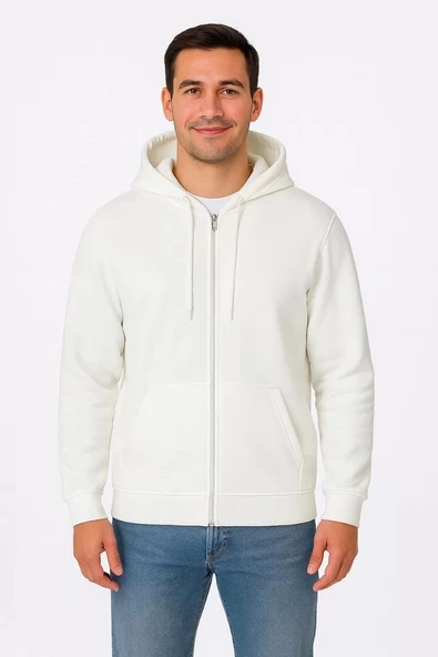 Erkek Üç İplik Kapüşonlu Tam Fermuarlı Kanguru Çepli SweatShirt Hoodie - Beyaz - Resim 4
