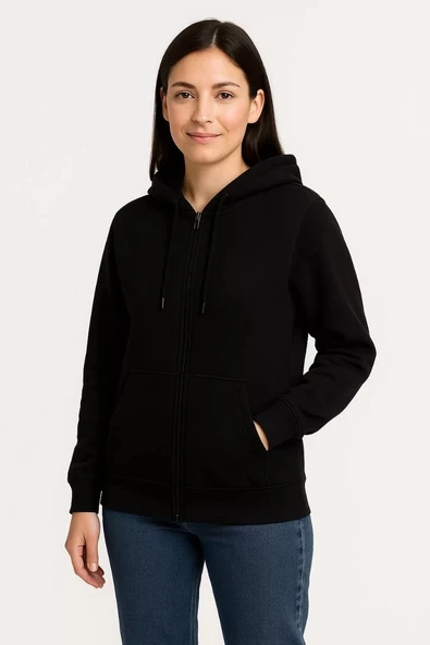 Kadın Üç İplik Kapüşonlu Tam Fermuarlı Kanguru Çepli SweatShirt Hoodie - Siyah - Resim 8