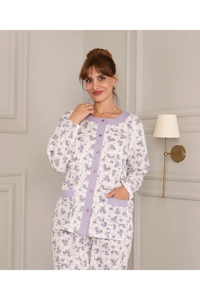 AYSUN TEKSTİL PAMUKLU KUMAŞTAN GENİŞ KESİM ÖNDEN KOMPLE DÜĞMELİ PEMBE KADIN PİJAMA TAKIMI - Resim 4