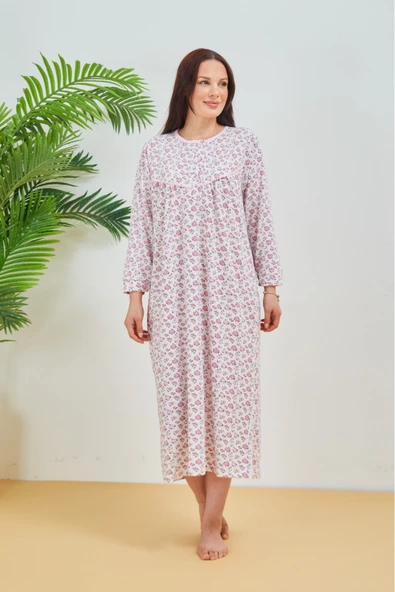 AYSUN TEKSTİL PAMUKLU KUMAŞTAN GENİŞ KESİM KOL MANŞETLERİ DÜĞME İLİK DETAYLI PEMBE ÇİÇEK BASKILI EMPİRME GECELİK ürün görseli