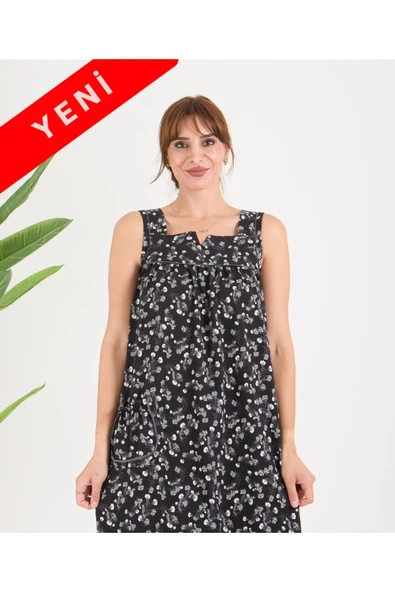 AYSUN TEKSTİL KALİTESİNDE PAMUKLU KUMAŞTAN GENİŞ KESİM YENİ DESEN CEPLİ ASKILI ELBİSE - 3