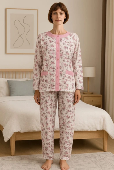 AYSUN TEKSTİL PAMUKLU KUMAŞTAN GENİŞ KALIP ÖNDEN KOMLE DÜĞMELİ CEPLİ ÇİÇEK BASKILI KADIN PİJAMA TAKIMI. ürün görseli