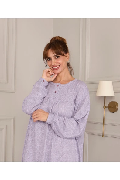 AYSUN TEKSTİL KALİTESİNDE PAMUKLU KUMAŞTAN GENİŞ KESİM KOLLARI MANŞETLİ PEMBE KALP BASKILI GECELİK - Resim 3