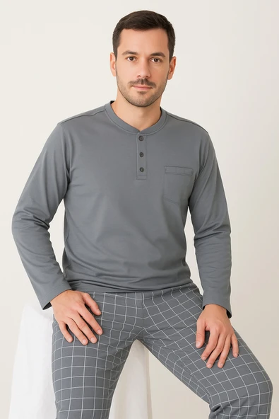 AYSUN TEKSTİL % 100 PAMUK GENİŞ KALIP HAKİM YAKA CEPLİ ERKEK PİJAMA TAKIMI - Resim 2