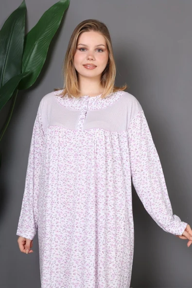 AYSUN TEKSTİL Kalitesinde Çiçekli Rahat Kesim Pamuklu Pembe Renk Empirme Anne Gecelik ürün görseli