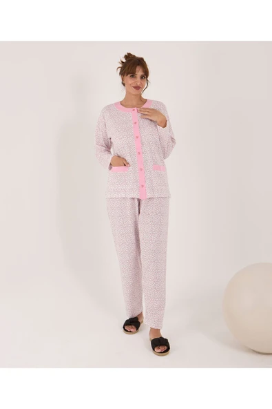 AYSUN TEKSTİL Kalitesinde Pamuklu Kumaş Geniş Kesim Önden Açık Anne Pijama Takım - 1