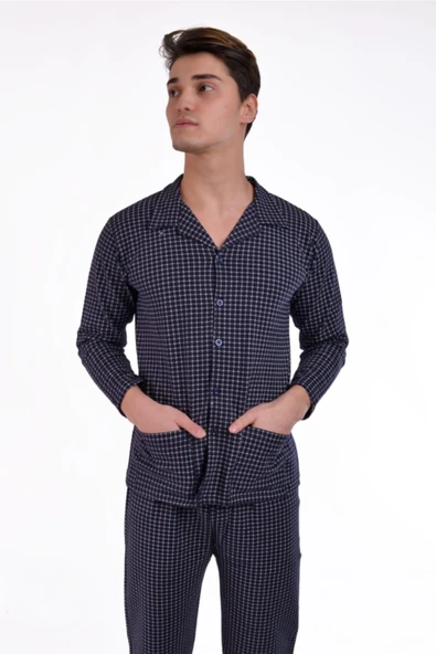 AYSUN TEKSTİL Kalitesinde Örme Kumaş Geniş Kesim Ceket Yaka Piti Kareli Önden Düğmeli Erkek Pijama ürün görseli