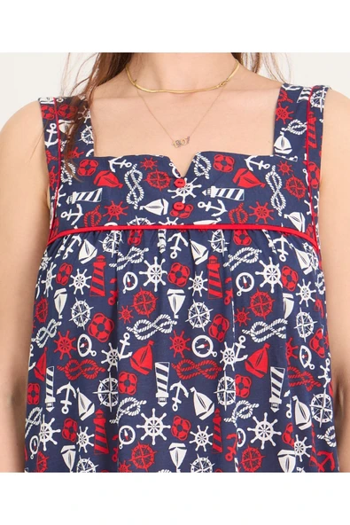 AYSUN TEKSTİL Kalitesinde Lacivert Gemici Desenli Cepli Askılı Ev & Plaj Elbisesi