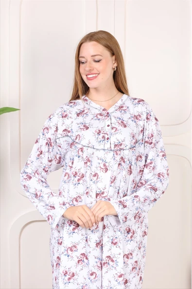 AYSUN TEKSTİL Kalitesinde Çiçekli Rahat Kesim Pamuklu Pembe Renk Empirme Anne Gecelik - Resim 2