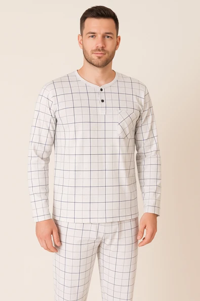 AYSUN TEKSTİL PAMUKLU KUMAŞTAN GENİŞ KALIP EKOSE DESENLİ HAKİM YAKA ERKEK PİJAMA TAKIMI - Resim 2