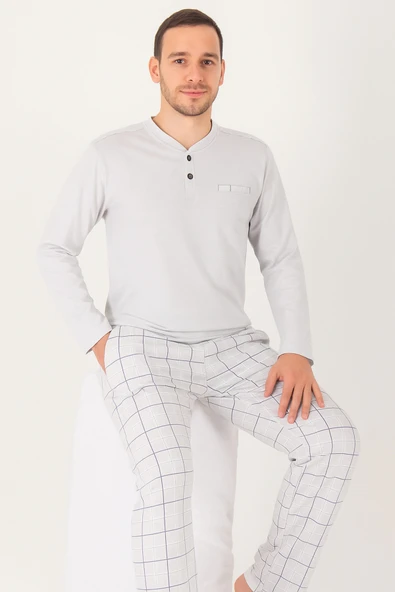 AYSUN TEKSTİL % 100 PAMUK GENİŞ KALIP HAKİM YAKA CEPLİ ERKEK PİJAMA TAKIMI - Resim 3