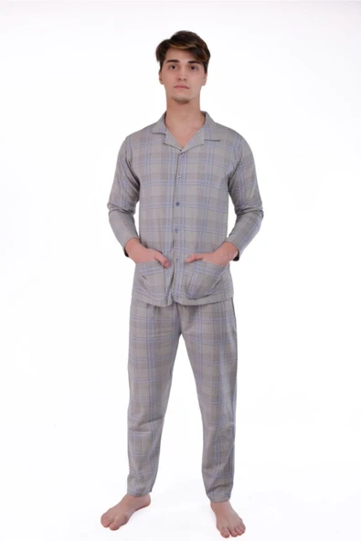 AYSUN TEKSTİL Kalitesinde Pamuklu Yazlık Geniş Kesim Ceket Yaka Ekoseli Önden Düğmeli Erkek Pijama ürün görseli