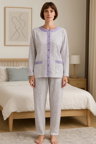 AYSUN TEKSTİL Kalitesinde Pamuklu Kumaş Geniş Kalıp Önden Açık Lila Anne Pijama Takım ürün görseli