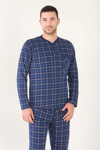 AYSUN TEKSTİL PAMUKLU KUMAŞTAN GENİŞ KALIP EKOSE DESENLİ HAKİM YAKA ERKEK PİJAMA TAKIMI - Resim 3