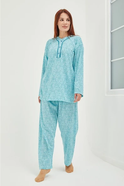 AYSUN TEKSTİL Kalitesinde Pamuklu Kumaş Geniş Kesim Patlı Yaka Yeşil Pijama Takım. ürün görseli
