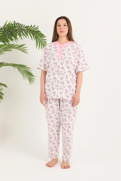 AYSUN TEKSTİL Kalitesinde Kısa Kol Pamuklu Geniş Kesim Patlı Yaka Pembe Anne Pijama Takım - 1