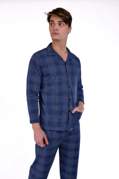 AYSUN TEKSTİL Kalitesinde Pamuklu Yazlık Geniş Kesim Ceket Yaka Ekoseli Önden Düğmeli Erkek Pijama ürün görseli