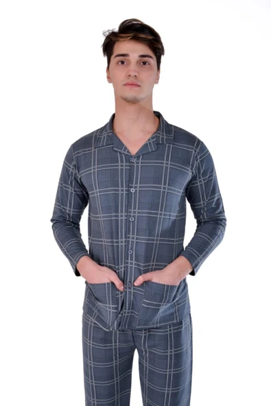 Ugurat Ceket Yaka Önden Düğmeli Ferah Kesim Erkek Pijama Takımı - 1