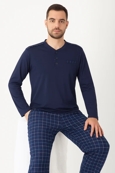 AYSUN TEKSTİL % 100 PAMUK GENİŞ KALIP HAKİM YAKA CEPLİ ERKEK PİJAMA TAKIMI ürün görseli