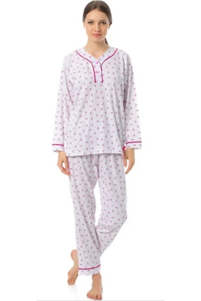 AYSUN TEKSTİL Kalitesinde Pamuklu Kumaştan Geniş Kesim Patlı Yaka Pembe Anne Pijama Takım ürün görseli