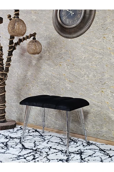 Metal Krom Tel Ayaklı 60 cm Puf Bench - Puf - Bench - Oturak - Mutfak Oturağı - Antre Oturağı Siyah Renk 60 x 40 Boyut/Ebat ürün görseli
