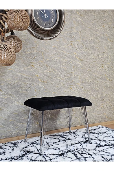 Metal Krom Tel Ayaklı 60 cm Puf Bench - Puf - Bench - Oturak - Mutfak Oturağı - Antre Oturağı Siyah Renk 60 x 40 Boyut/Ebat - Resim 3