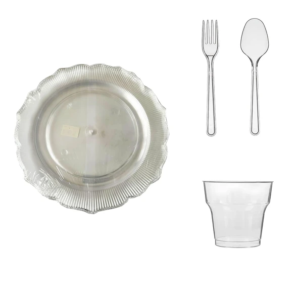 Omeyva 26 Cm. Plastik Mika Şeffaf Sorfa Piknik Seti - 24 Kişilik Tabak Bardak Çatal Kaşık Takımı ürün görseli 1