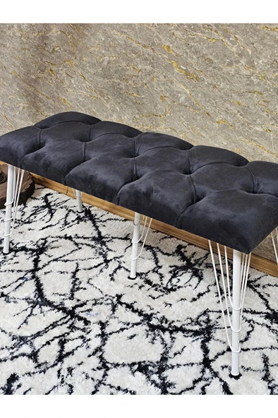 Metal Beyaz Tel Ayaklı 100 cm Puf Bench - Puf - Bench - Oturak - Mutfak Oturağı - Antre Oturağı Füme Renk 100 x 40 Boyut/Ebat - 4