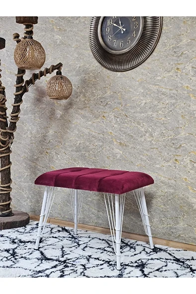 Metal Beyaz Tel Ayaklı 60 cm Puf Bench - Puf - Bench - Oturak - Mutfak Oturağı - Antre Oturağı Bordo Renk 60 x 40 Boyut/Ebat ürün görseli