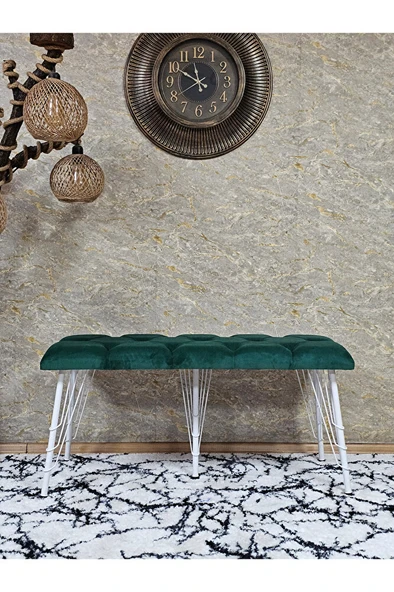 Metal Beyaz Tel Ayaklı 100 cm Puf Bench - Puf - Bench - Oturak - Mutfak Oturağı - Antre Oturağı Yeşil Renk 100 x 40 Boyut/Ebat - Resim 2